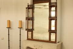 Open Boley gashaard, natuurstenen schouw, antieke ornamentale spiegel